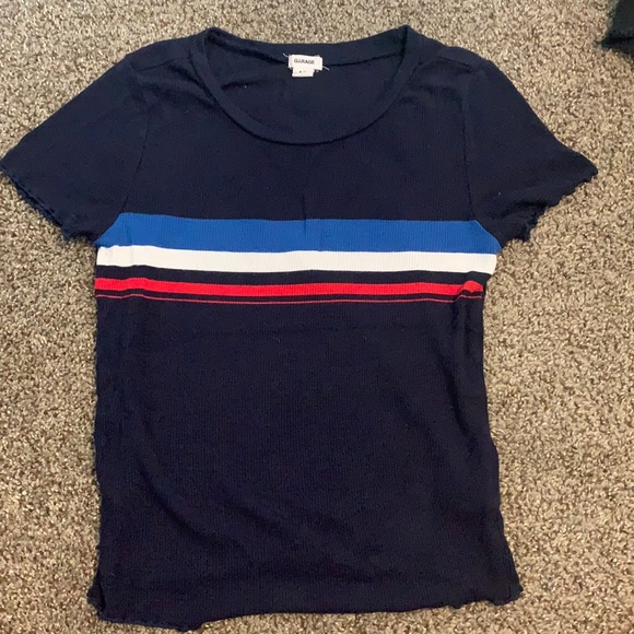 Navy blue crop top with blue white and red stripes - Picture 1 of 2